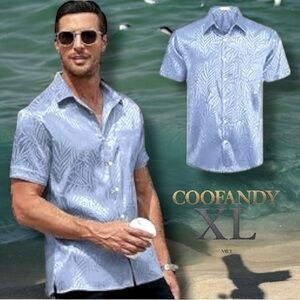 COOFANDY Shirt NWT Blue Hawaiian Palm Print Silky Vacation Men's XL